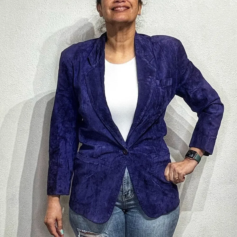 Evan Davies Blue Suede Leather One Button Vintage Blazer Sz 6